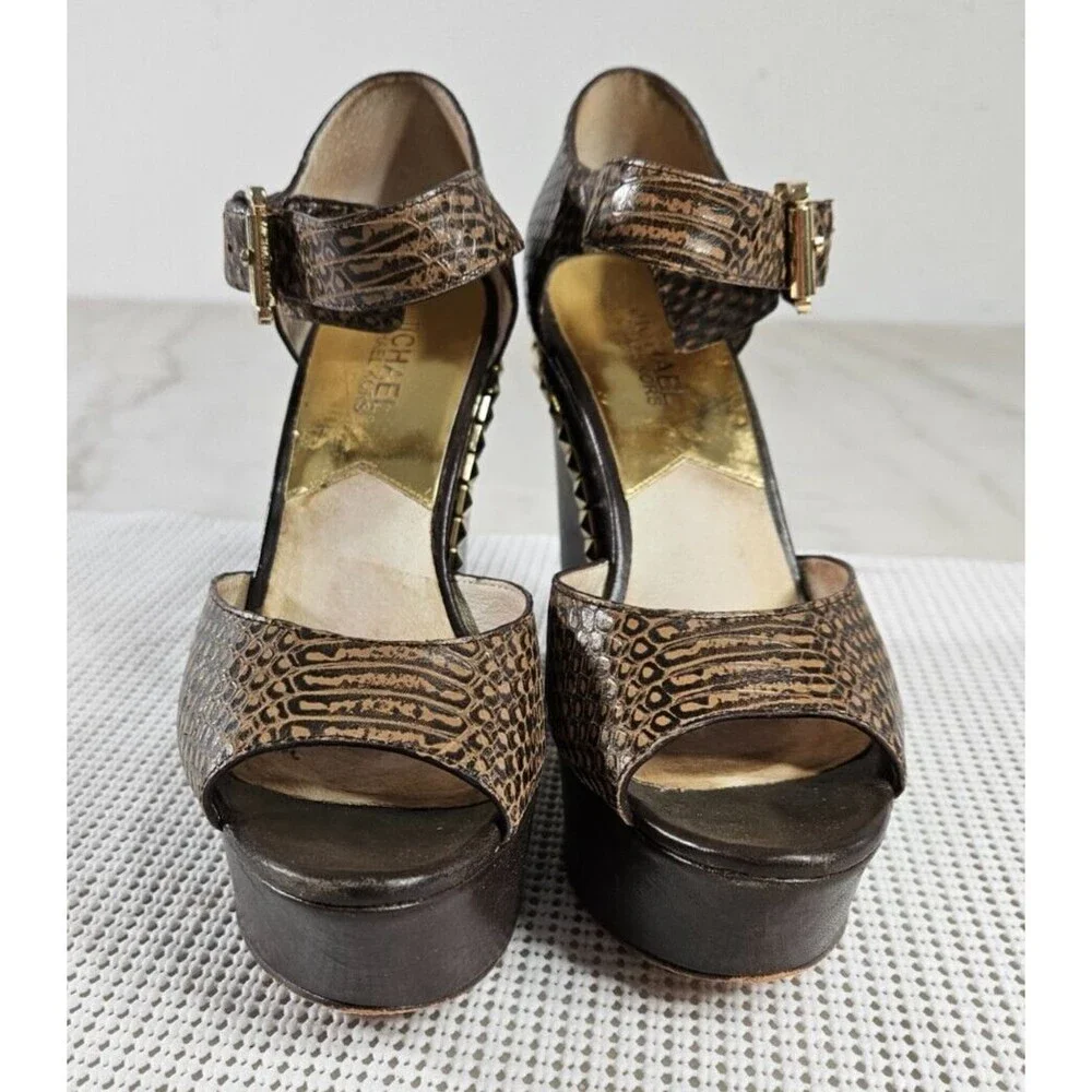 Michael Kors Brown Snake-Embossed Platform Wedge Boots with Gold Studs - Picture 3 of 12